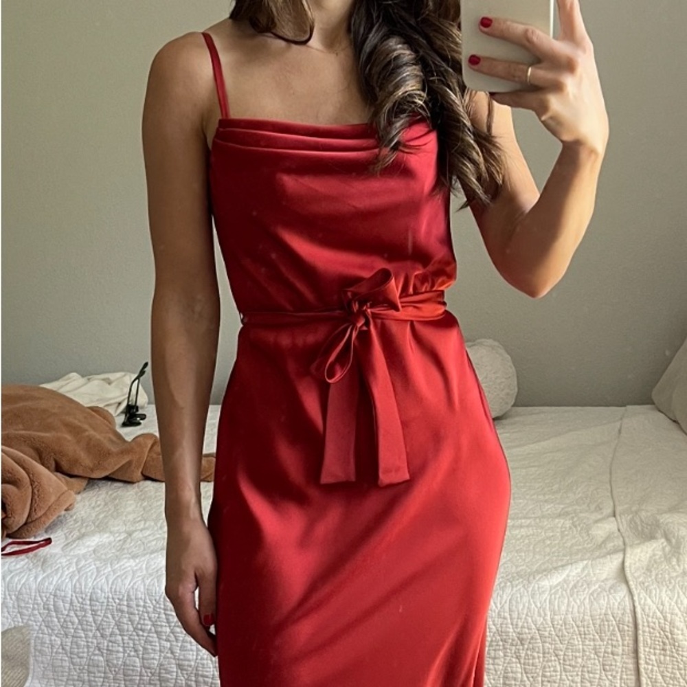 Azazie Square Cowl Stretch Satin Slip Dress